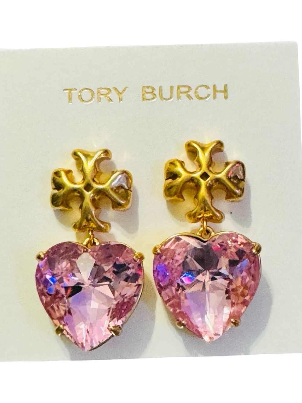 Tory Burch Gold-tone Earrings with Pink Heart Crystals NWT & Dustbag! - Picture 2 of 6
